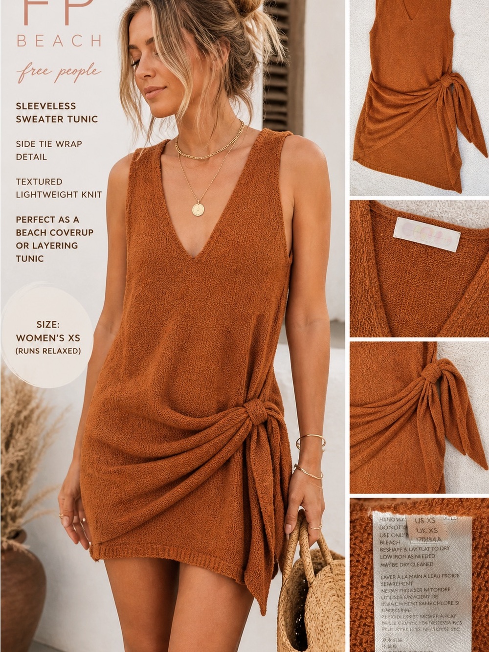 Free People Beach Rust Sleeveless Sweater Tunic XS Side Tie Wrap‎ Boho Women